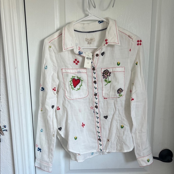 Anthropologie Tops - Anthropologie White Embroidered Button Down Shirt